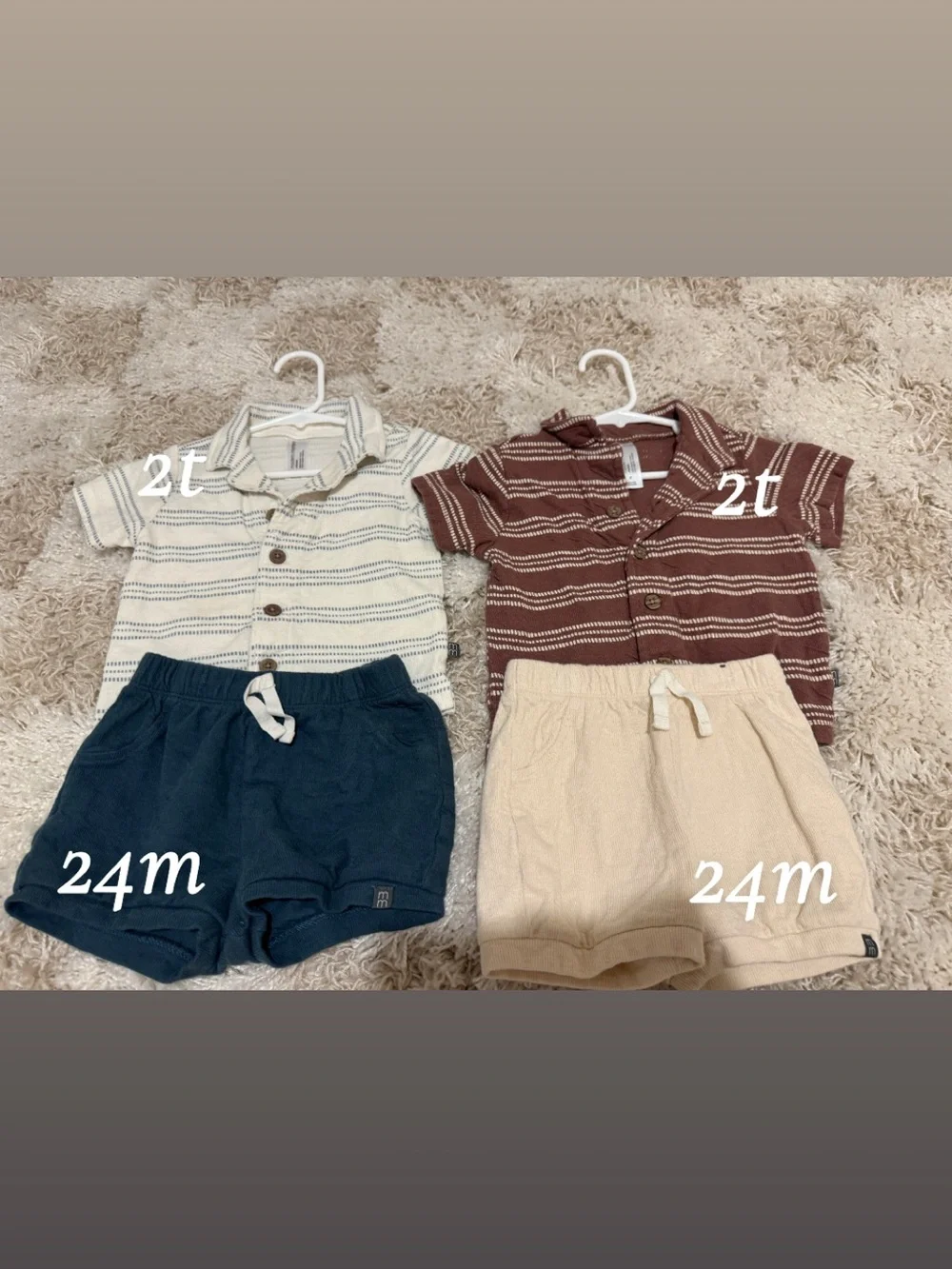 2T Kids' Striped Polo Matching Set - Cream & Brown with Navy and Tan Shorts